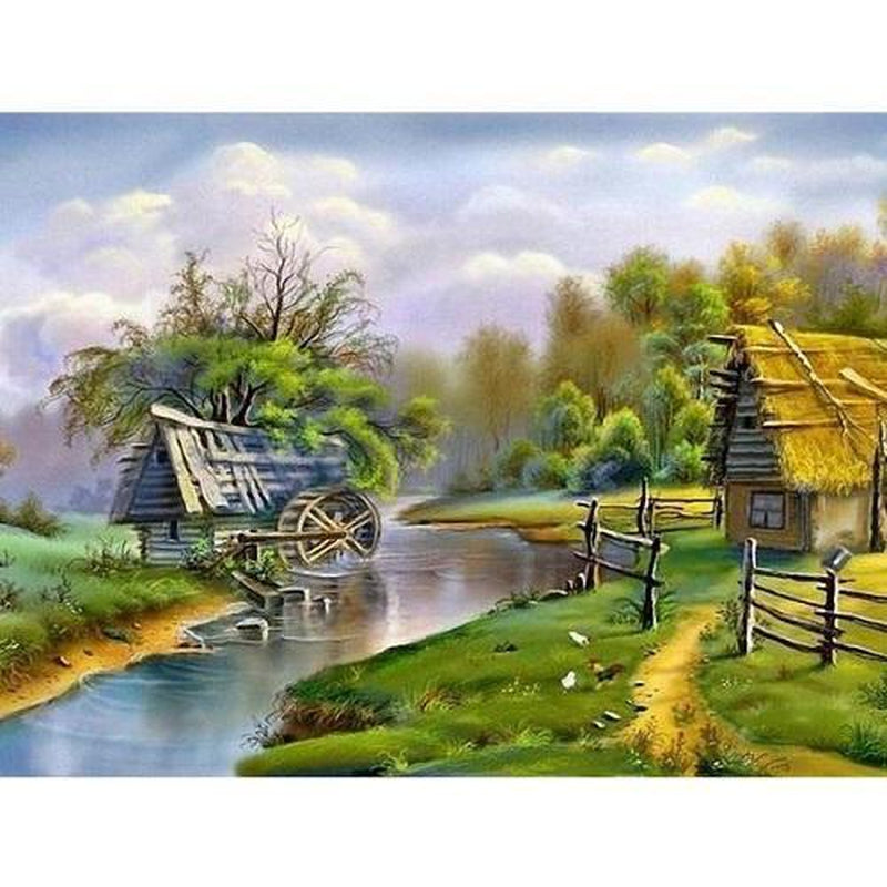 Stuga vid floden Diamantmålning | Eget foto diamantmålnings | Diamond painting | Fyndiq | Sverige